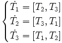 \begin{cases} \dot{T_1} = [T_2,T_3] \\ \dot{T_2} = [T_3,T_1] \\ \dot{T_3} = [T_1,T_2] \end{cases}