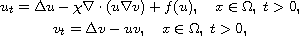 $$\displaylines{
 u_t=\Delta u-\chi\nabla\cdot(u\nabla v)+f(u),\quad x\in \Omega,\; t>0,\cr
 v_t=\Delta v-uv,\quad  x\in\Omega,\; t>0,
 }$$