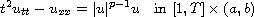 $$
 t^ 2 u_{tt} -u_{{xx}}=|u|^{p-1}u\quad\text{in }[1,T]\times (a,b)
 $$
