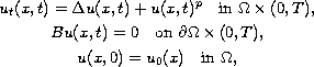 $$\displaylines{
u_{t}(x,t) = \Delta u(x,t) + u(x,t)^p \quad
\hbox{in } \Omega \times (0,T),\cr
Bu(x,t) = 0 \quad \hbox{on } \partial\Omega \times (0,T),\cr
u(x,0) = u_0(x) \quad \hbox{in } \Omega,
}$$