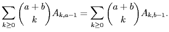 $\displaystyle \sum_{k\geq 0}\binom{a+b}{k}A_{k,a-1}=\sum_{k\geq 0}\binom{
a+b}{k}A_{k,b-1}.$