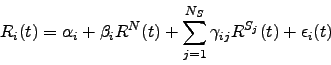 \begin{displaymath}
R_i(t)=\alpha_i + \beta_i R^N(t) + \sum_{j=1}^{N_S}\gamma_{ij} R^{S_j}(t) + \epsilon_i(t)
\end{displaymath}