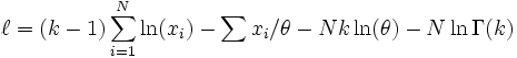 \ell=(k-1)\sum_{i=1}^N\ln(x_i)-\sum x_i/\theta-Nk\ln(\theta)-N\ln\Gamma(k)