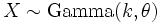 X \sim \mathrm{Gamma}(k, \theta)