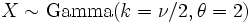 X \sim \mathrm{Gamma}(k=\nu/2, \theta = 2)